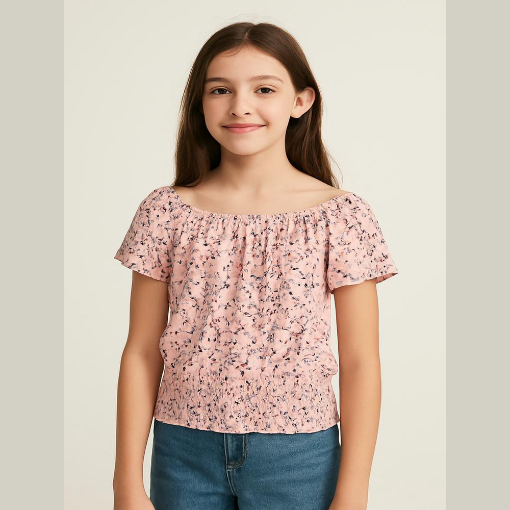 Bailey Lane Girl Pink Floral Smocked Short Sleeve Top Large 12-14